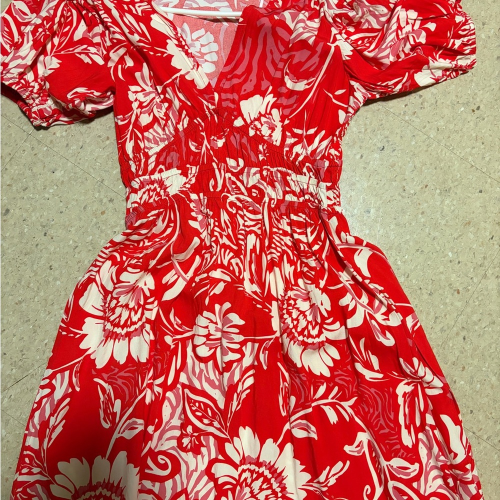 Red and White Floral Dress